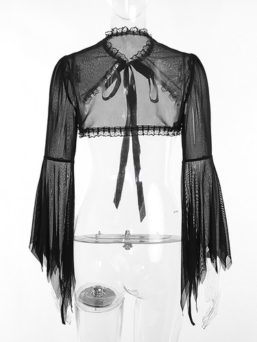 Women Cardigan Music Crop Top Ruffled Tops Long Bell Sleeve Shawl See Through - Picture 9 of 53