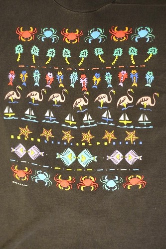 Vintage 1990 Embroidered Beach Shirt Crabs Palm Tree Fish Boat Starfish Flamingo - Picture 2 of 6