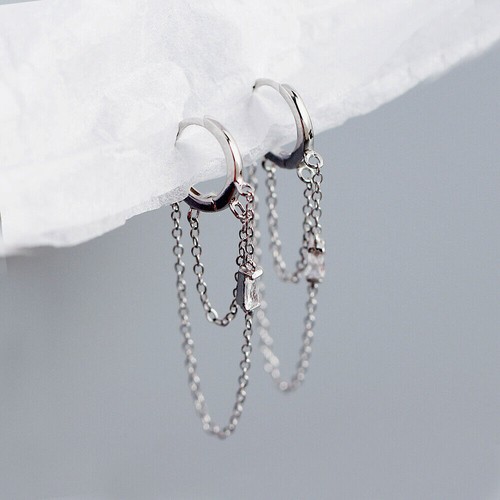 Women Sterling Silver Hoop Dangle Drop Chain Earrings with Baguette CZ F0952 - Picture 5 of 15