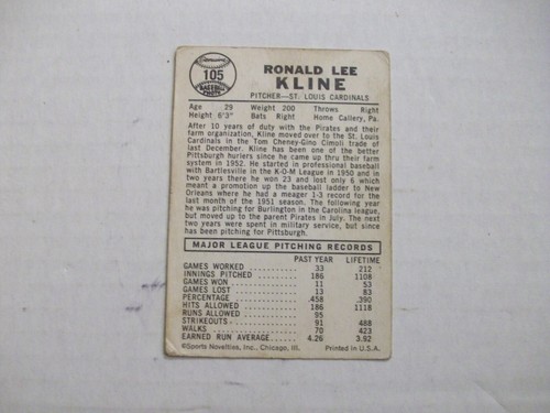 1960 LEAF # 105 RONNIE KLINE ST LOUIS CARDINALS - Imagen 2 de 2