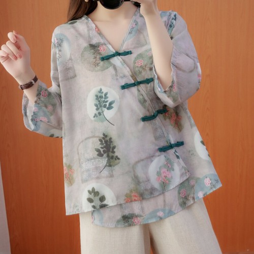 Chinese Women Floral Blouse V Neck Irregular Hem Tee Top Ethnic Retro Pullover - Picture 8 of 14