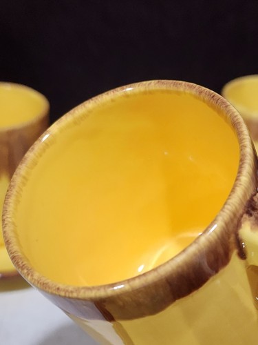 4- Vintage Jaska of California Cascade Ware CUP AND SAUCERS Yellow w Brown Drip - Picture 6 of 8