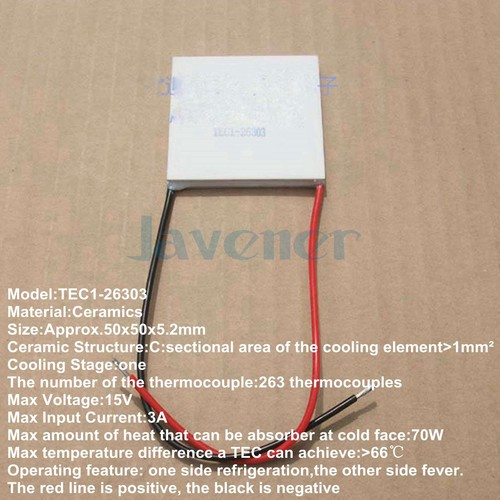 Enfriador termoeléctrico Peltier 50x50x5,2 mm 3A 15V 70W TEC1-26303 - Imagen 5 de 5