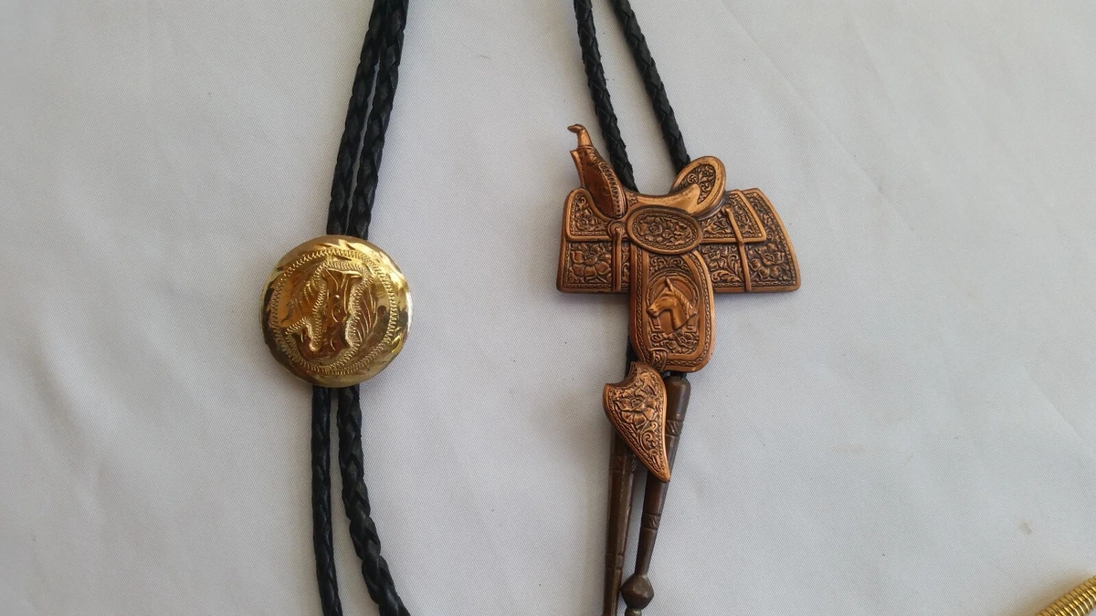 Pair of Vintage Bolo Tie s Solid Copper Horse Saddle Brass J Tie