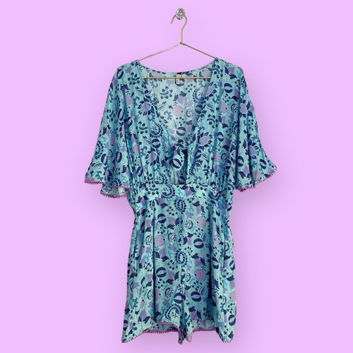 Nanette Lepore Raquel Paisley Pom Trim Tie Front Romper/Swimsuit Cover S Blue - Picture 3 of 11