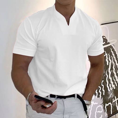 Men Grandad Henley Shirts Summer Plain Short Sleeve Loose Casual T-Shirt Tops - Picture 3 of 19