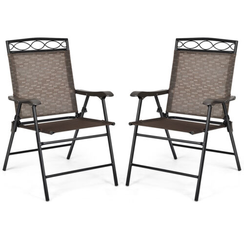 Set of 2 Patio Folding Chairs Sling Portable Dining Chair Set w/ Armrest