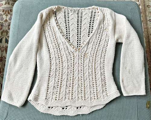 Vintage Rico Hand Knits Ivory Chunky Knit V Neck Sweat w/Faux Suede Trim M - Picture 1 of 7