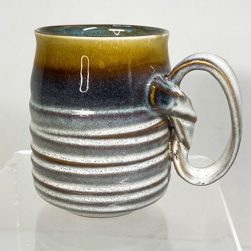 Roscher Pottery Mug set of 2 two 4.25" tall 4" diameter 14oz blue brown white - Picture 3 of 7