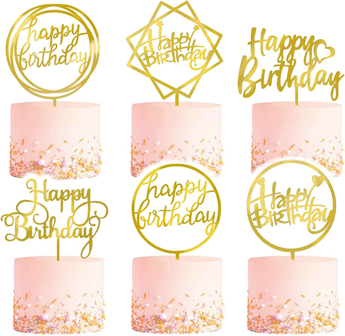 6-Pack Gold Cake Topper Set, Double-Sided Glitter, Acrylic Happy Birthday Cupcak - Picture 10 of 12
