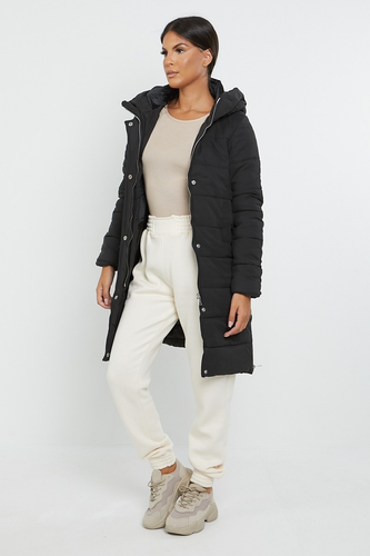 Ladies Long Line Hooded Puffer Gilet Jacket Side Zips Pocket Padded Body Warmer - Picture 3 of 13