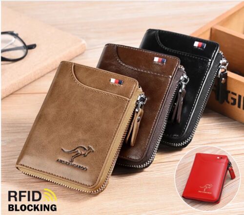 Mens RFID Blocking Leather Wallet Credit Card ID Holder Zipper Purse Waterproof - Picture 1 of 19