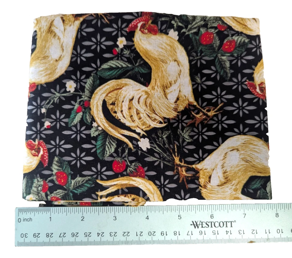 Rooster Chicken Strawberry Sewing Fabric 1-yard Precut Cotton Black Tan Crafts - Image 2 of 3