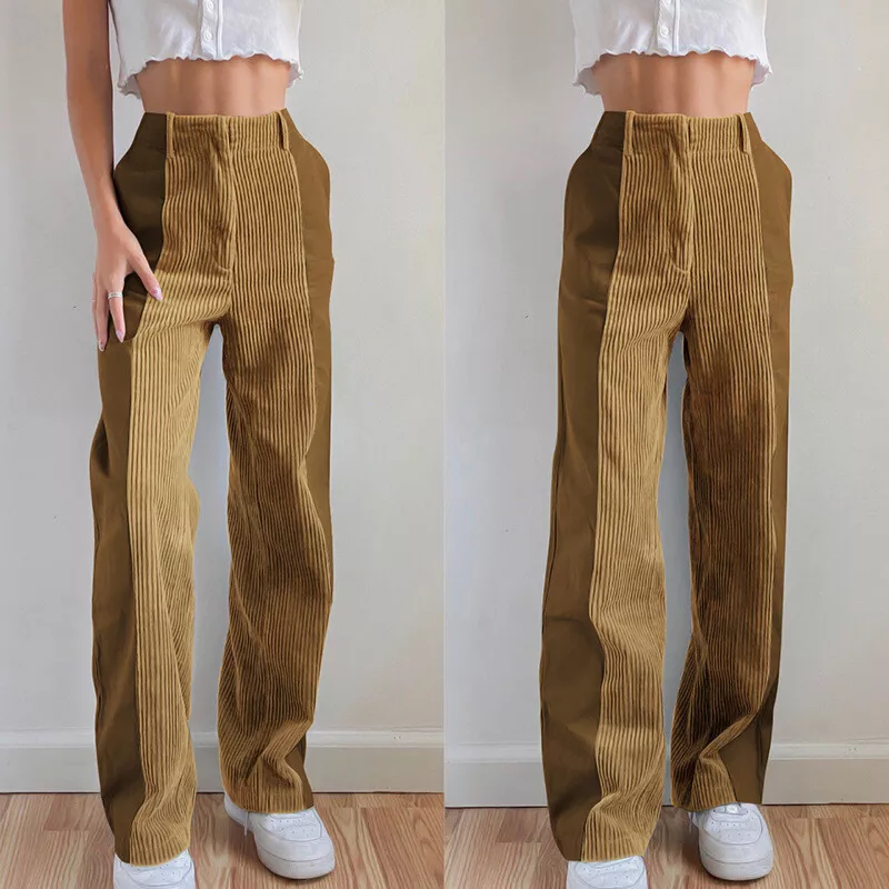 Women Corduroy Pants Trousers Casual Straight Leg High Waist Pink