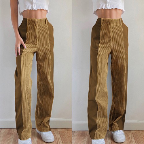 Women Corduroy Pants Trousers Casual Straight Leg High Waist Fit Pink Brown New - Picture 2 of 16