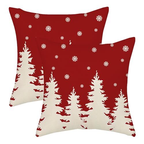 Red Christmas Pillow Covers 18x18 Inch 2 18" x 18" (Pack of 2) Red Cream Tree - Picture 1 of 7