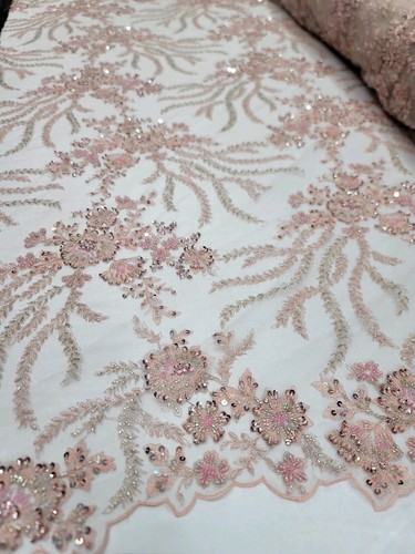 Pink Blush Beaded Lace Floral Embroidered Sequins Mesh Prom Fabric Sold By Yard - Picture 11 of 13