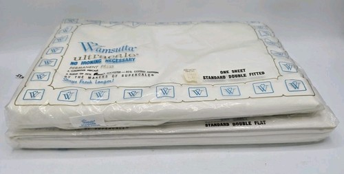 Vintage Wamsutta Ultracale Double Sheet Flat & Fitted White Embroidered 2 Piece - Picture 3 of 10