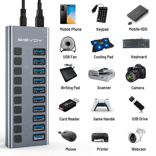 ACASIS Powered USB Hub Multi Ports USB 3.0 Data/Charge Hub 12V Individual Switch - Bild 11 von 18