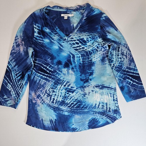 Chicos Shirt Damen klein blau Batik Print Langarm V-Ausschnitt Pullover Oberteil