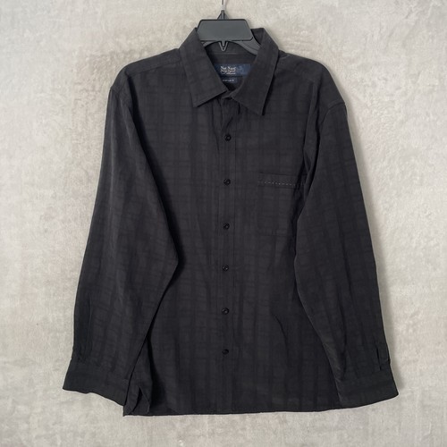 Nat Nast Mens Button Shirt Black Jaquard Check Large Silk Blend Long Sleeve - Picture 1 of 7