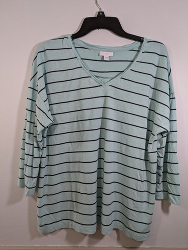 J Jill grün schwarz gestreift Leinenmischung Top T-Shirt 3/4 Ärmel V-Ausschnitt XLarge