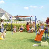 4 in 1 Garden Swing Set with Double Swings, Glider, Slide, Ladder for Outdoors