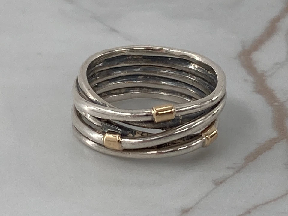 Pandora 14K Gold Wrap Crossover 2 Tone Band Sterling Silver Ring Size US 9 Eu 60 - Image 3 of 4