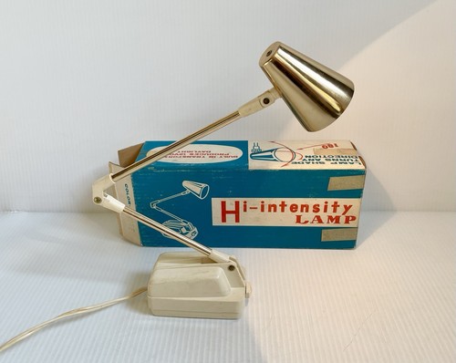 Vintage Mid Century MCM Folding Hi-Intensity Desk Lamp Adjustable White & Gold