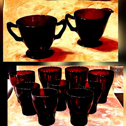Lot 11 Anchor Hocking Ruby Red Thumbprint Glass Goblet Juice 9 1950 Cream Sugar - Picture 24 of 24