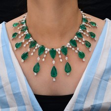 205.67 Tcw Zambian Emerald H/SI Diamond Collar Necklace 18k White Solid Gold