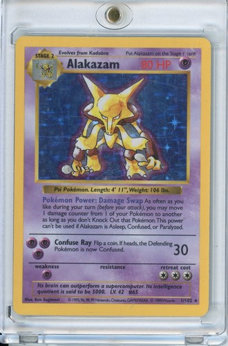 Pokemon Alakazam Base Set Shadowless Holo Rare 1/102 MP