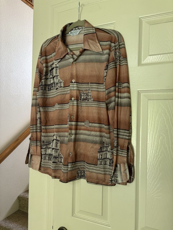 mens vintage 70s Long Sleeve Shirt Disco Big Collar Large Pink Mod Hipster