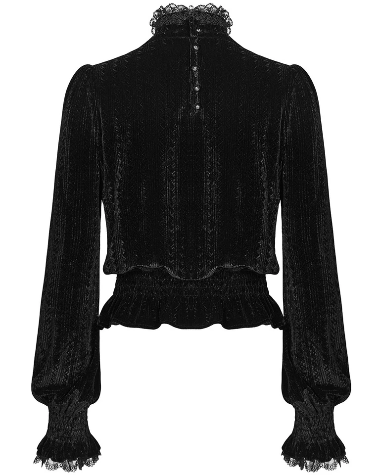Punk Rave Womens Gótico Top Negro Velvet Encaje Manga Larga Steampunk Victoriana - Imagen 2 de 4