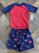 Tommy Bahama Boy's 2 Pc Rash Guard Swimsuit Trunks Top Set Red Blue 4 Years