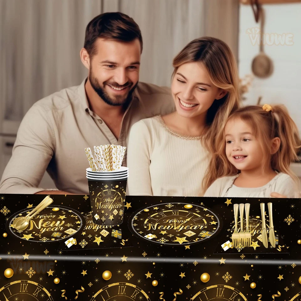 Platos y Servilletas Desechables Año Nuevo, 193 Piezas Feliz Año Nuevo Desechables Ta... Foto 4 de 4