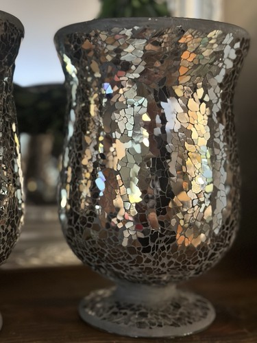 Pair of Dazzling Silver & Black Footed Mosaic Glass Hurricane Vases 8" - Picture 11 of 18