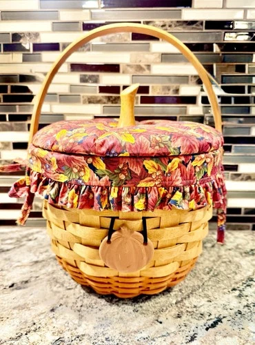Longaberger 1995 Pumpkin Basket with Fall Liner, Lid, Tie-On, Protector 9" x 7"