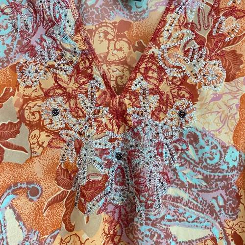 Lane Bryant Sheer Blouse 18/20 Beaded Neckline Paisley Floral Bell Sleeve Top - Picture 4 of 7