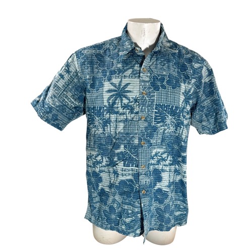 Cooke Street Hawaiian Shirt Large Floral Hibiscus Flowers Palms Tribal Blue Gray - Picture 2 of 7