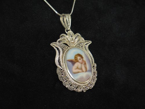 Colgante medallón de pelo de plata 800 ángel de porcelana pintado a mano eduardiano - Imagen 4 de 14