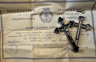 1st CLASS ST. ALPHONSUS LIGUORI & GERARD MAJELLA RELIQUARY CRUCIFIX RELIC W/COA