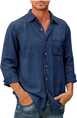 Men Denim Shirt Button Down Jean Shirts Single Breasted Classic