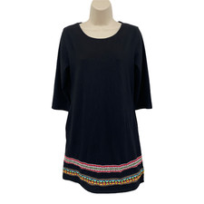 Thanth Dress Womens Medium Black Tribal Trim 3/4 Sleeve Pullover Pockets