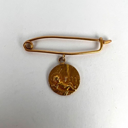 French Baby Medal Safety Pin 18K Yellow Gold Charm Pendant Brooch - Picture 12 of 14