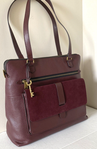 New Fossil Kinley Leather and Suede Shopper Tote Claret Red - Picture 2 of 7
