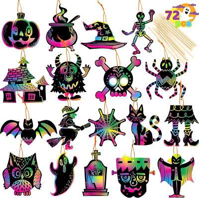72 Pcs Halloween Rainbow Scratch Art Crafts for Kid, Halloween Party Favors, Scr