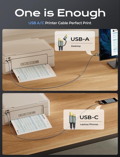 USB Druckerkabel 6,6 Fuß [Plug & Play] USB-A & USB-C auf USB-B 2.0 - Bild 3 von 9