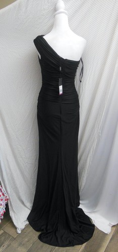 NWT LA FEMME Black ONE SHOULDER Shiny JERSEY Ruched HIGH SLIT Evening GOWN 2 - Picture 7 of 11