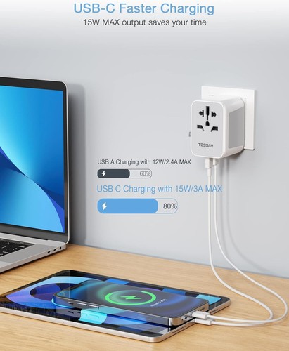 TESSAN Universal Travel Adapter Worldwide 2 USB C 2 USB Ports Plug Adaptor UK - Picture 4 of 7